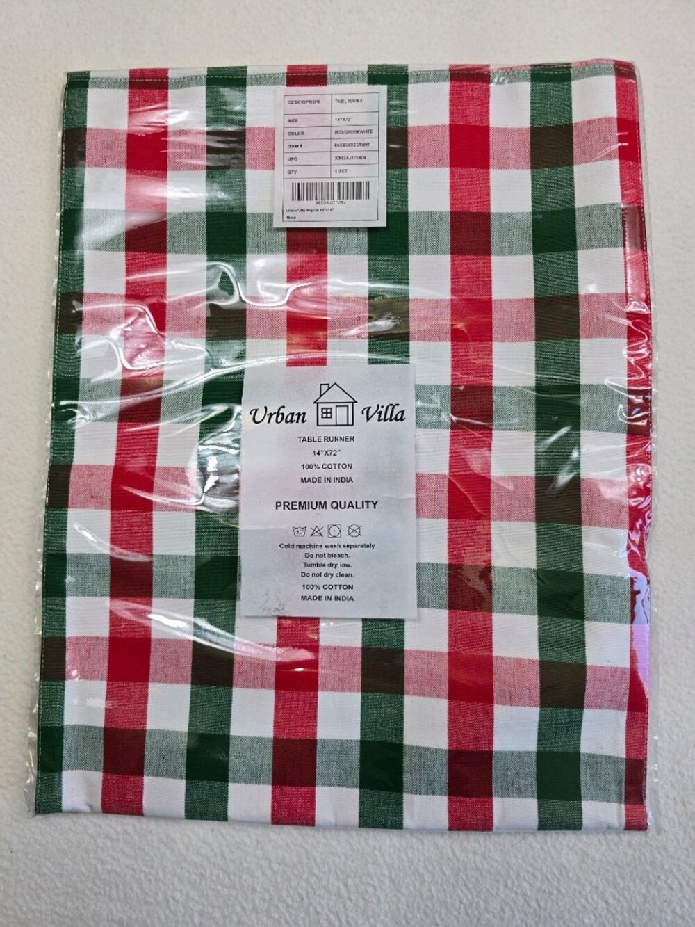 NEW Urban Villa Table Runner 14" X 72" Buffalo Plaid 100%Cotton Red Grn